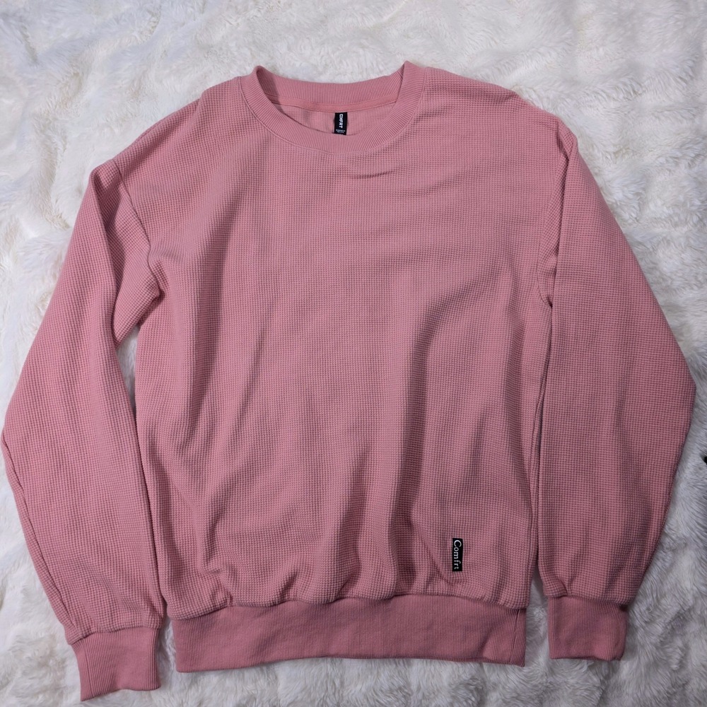 Comfrt Waffle Knit Sweatshirt Women Small Pink Excellent Thermal Crewneck